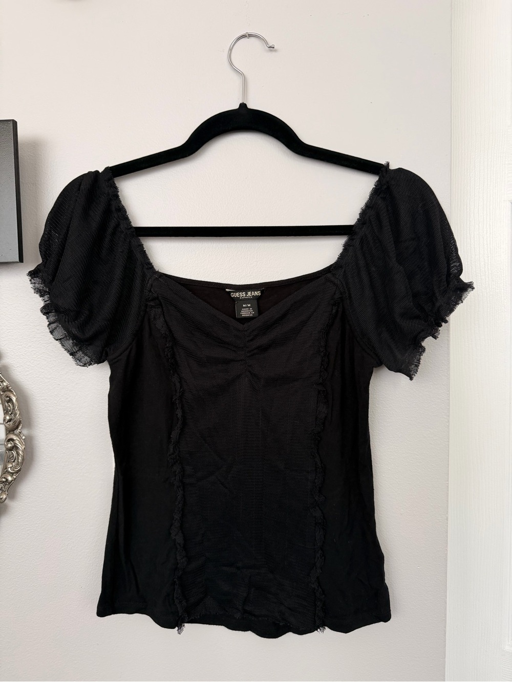 Guess Black Puff Sleeve Scoop-Neck Top